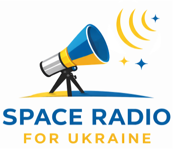 Space Radio for Ukraine project logo: a stylised radio telescope in blue and yellow.